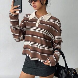SHEIN Brown and Cream Striped Button Down Shirt